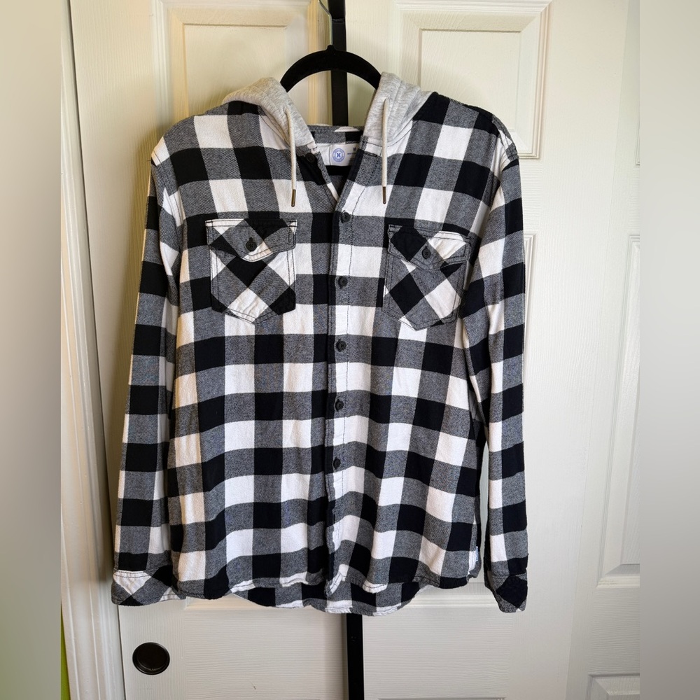 Hurley Black & White Plaid Flannel Hoodie, size Medium